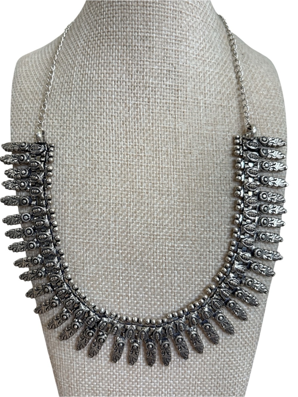 Bohemian Oxidized Silver-Tone Tribal Spike Chocker Bib Necklace 14”